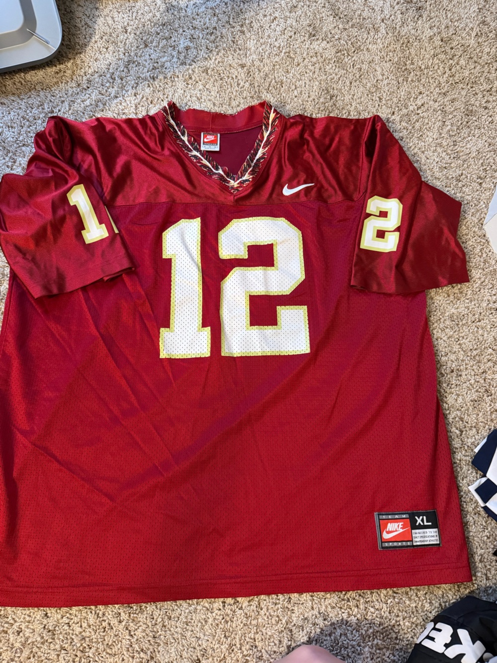 Nike Men's Red Football Jersey with White & Gold Number 12